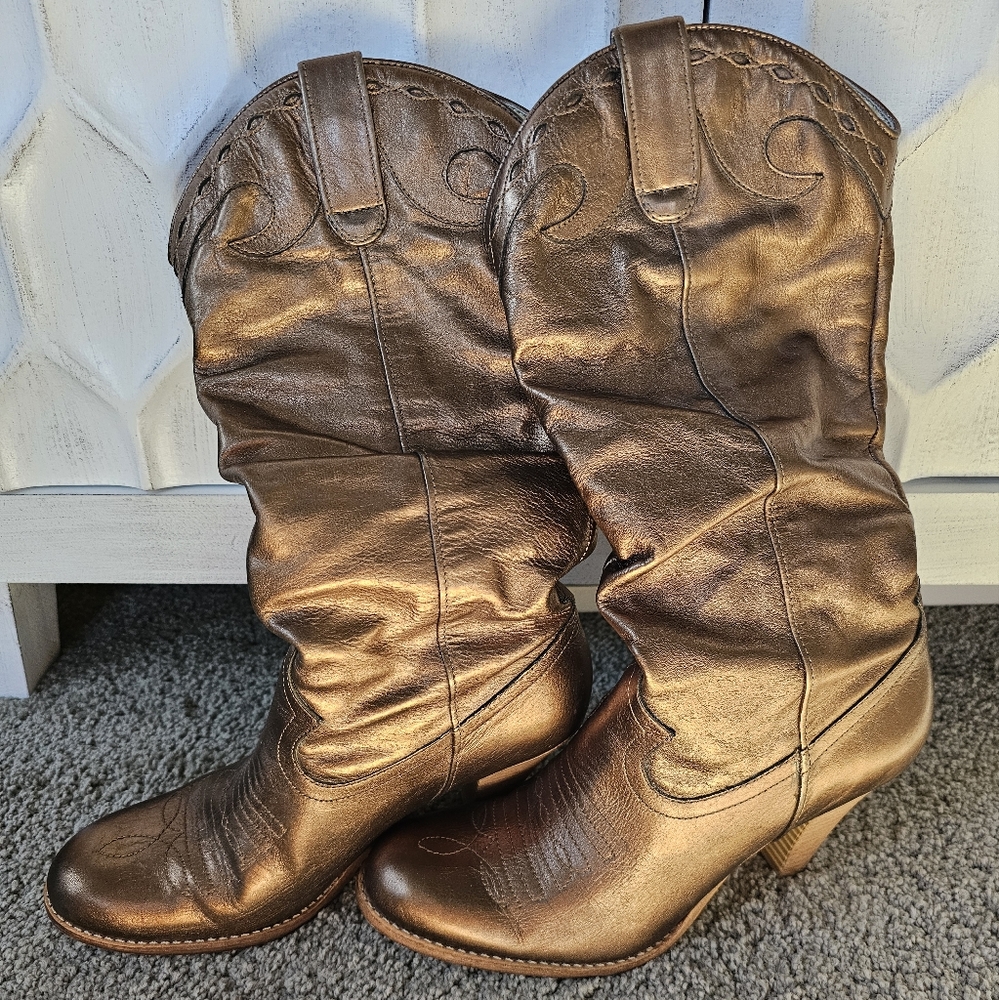 Jessica Simpson bronze metallic slouch cowgirl boots